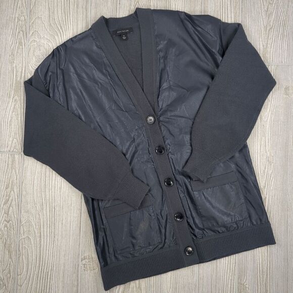 Ann Taylor Faux Leather Cardigan Sweater Womens XS Pockets Neutral Blue - Picture 1 of 9